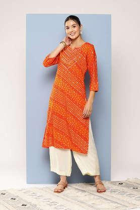 bandhani rayon round neck women's party wear kurti - orange