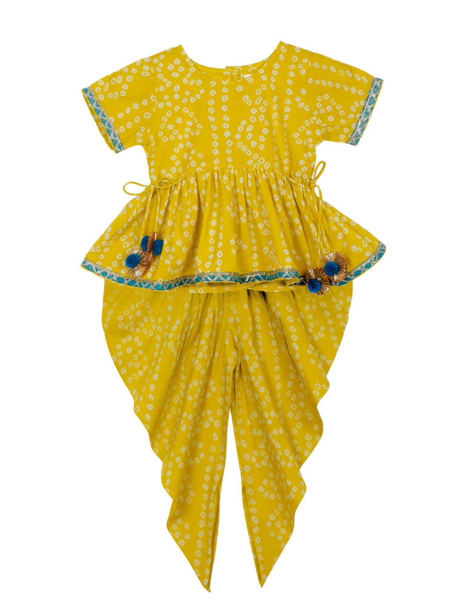 bandhani yellow cotton printed kurta dhoti for girls (set of 2)