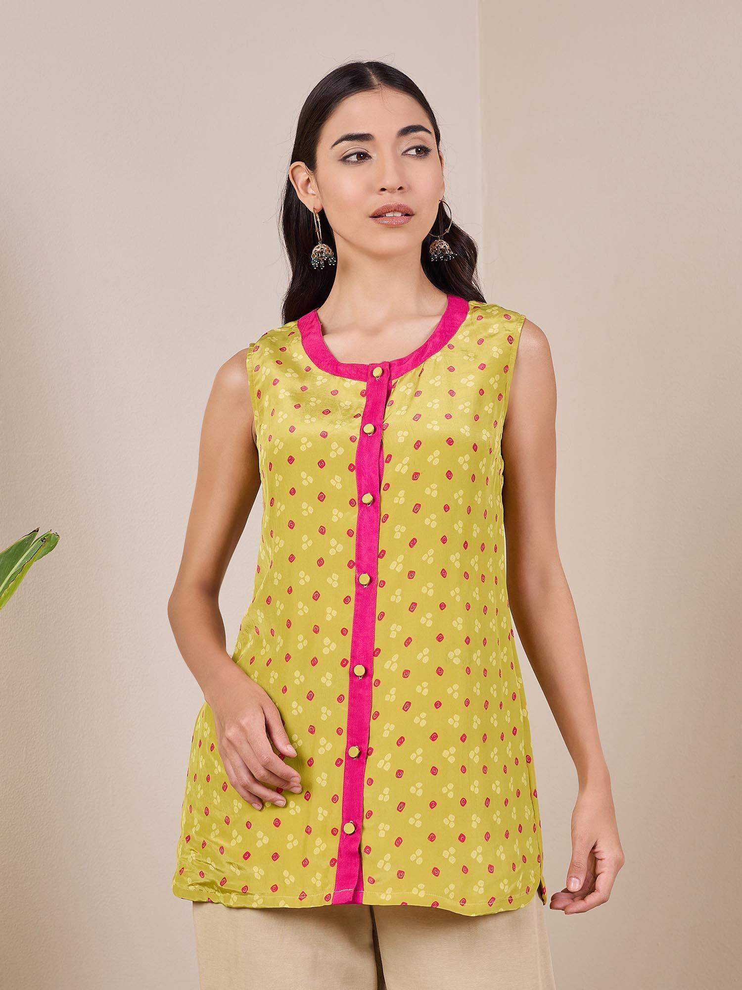 bandhani yellow print short kurti for women