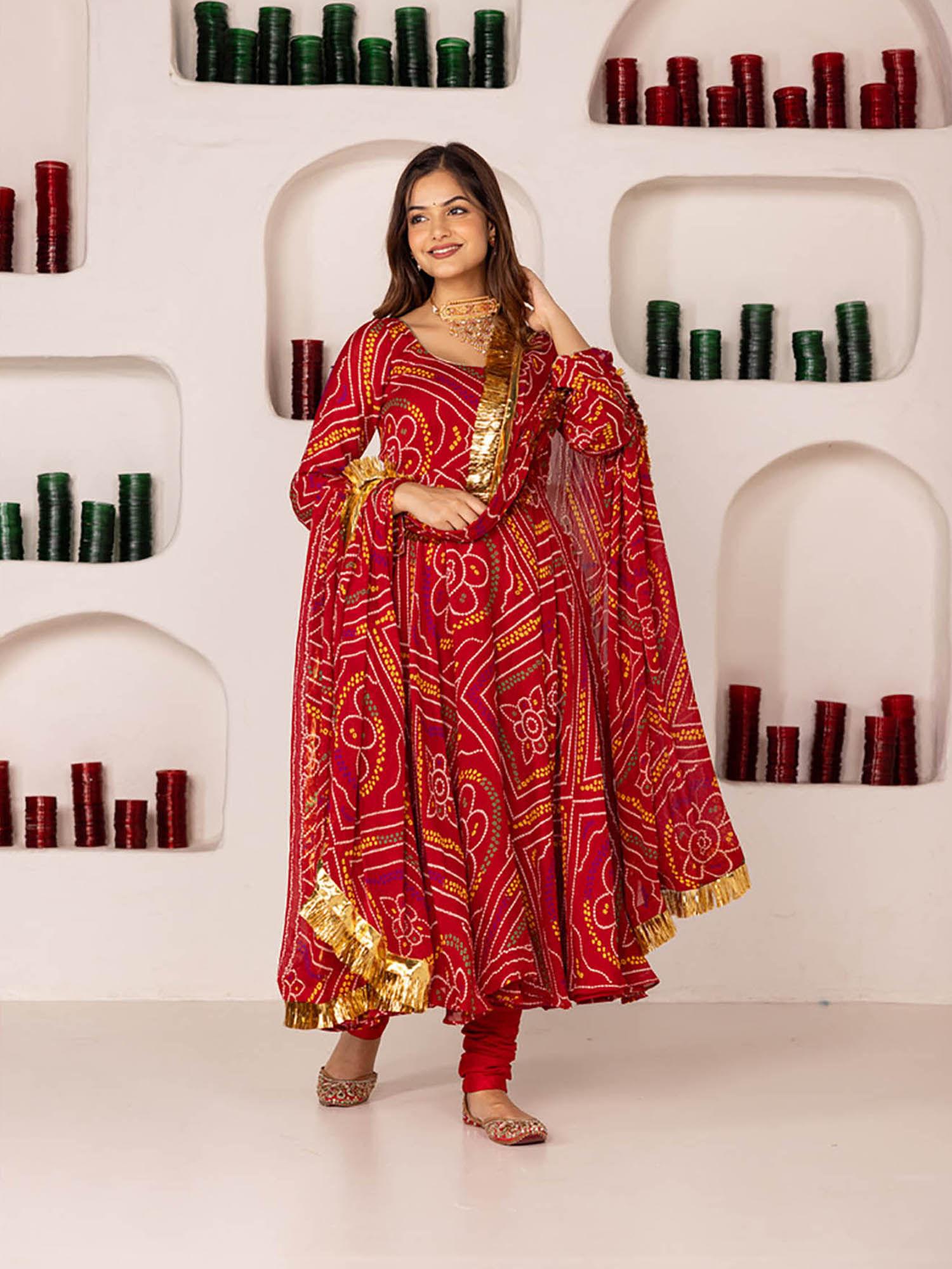 bandhej bandhani printed anarkali maroon (set of 3)