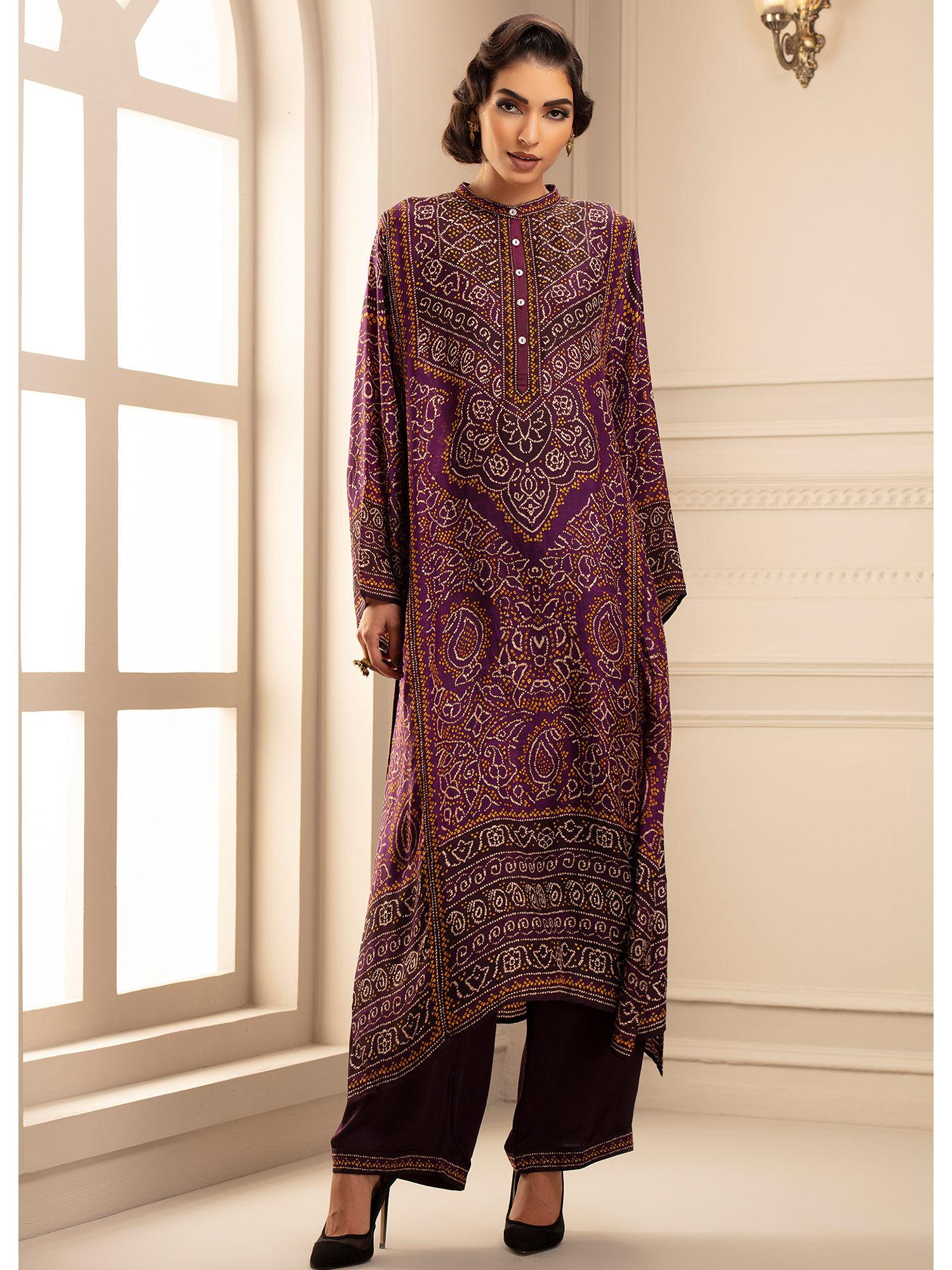 bandhej ghazala purple tunic with palazzo (set of 2)