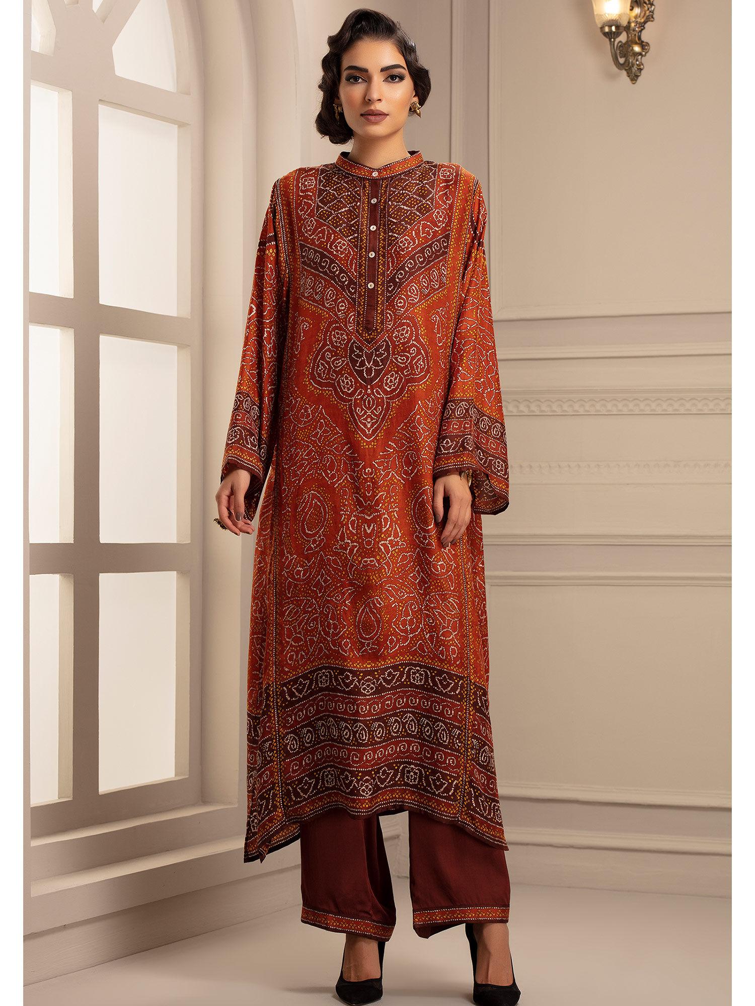 bandhej ghazala rust tunic with palazzo (set of 2)