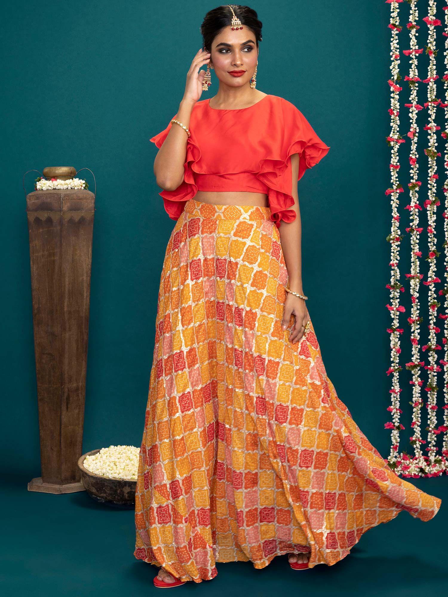 bandhej multi colour crop top and skirt ggleh01 (set of 2)