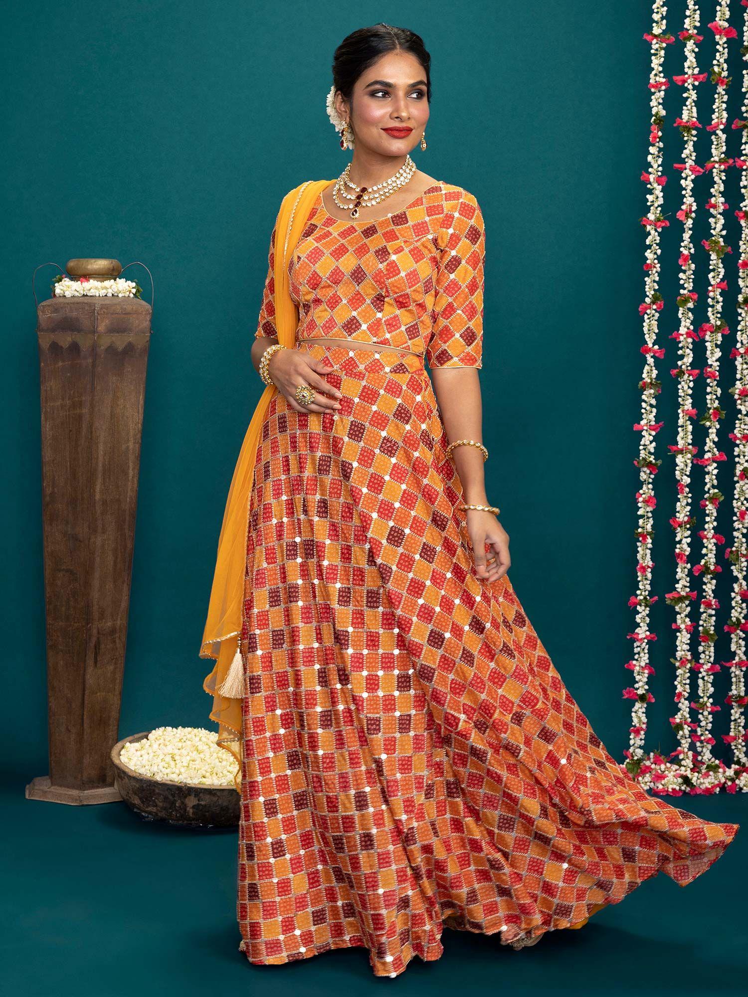 bandhej multi colour crop top with skirt & dupatta ggleh03 (set of 3)