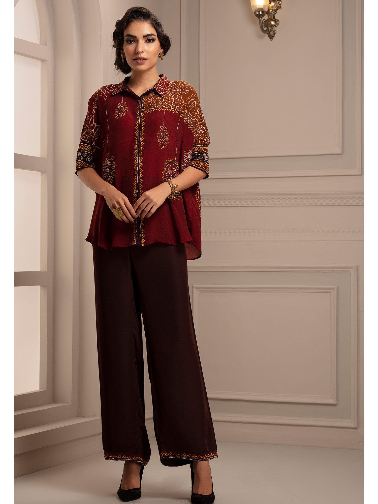 bandhej nalini red shirt with palazzo (set of 2)