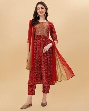 bandhej print straight kurta & pants set with dupatta