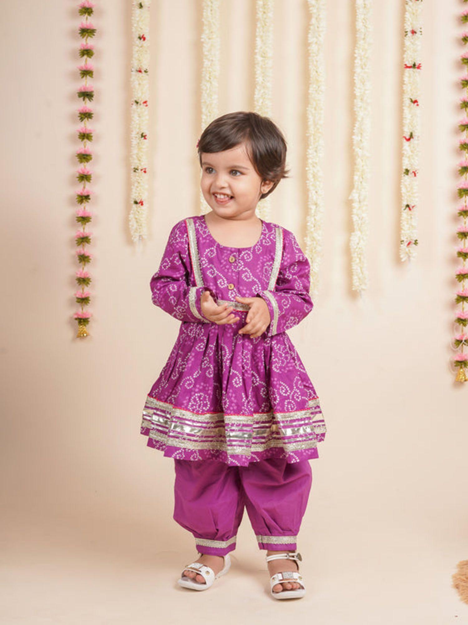 bandhej purple anarkali kurta and salwar (set of 2)