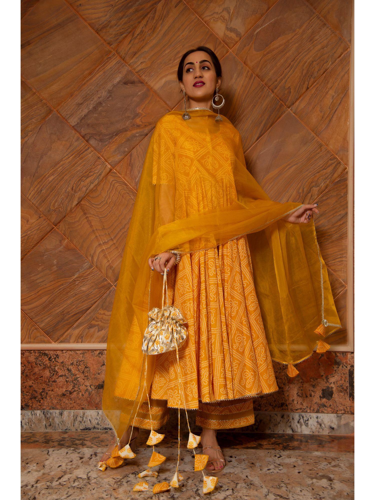 bandhej yellow cotton anarkali (set of 3)