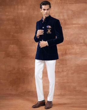 bandhgala suit with patch pockets