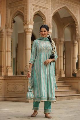 bandhni calf length rayon woven women's anarkali trouser dupatta set - teal