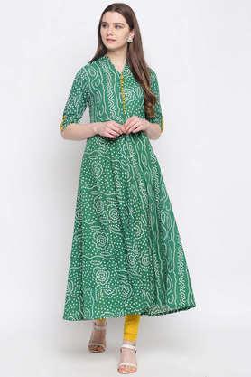 bandhni cotton mandarin women's kurta - green