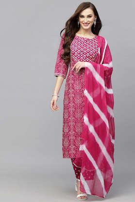bandhni rayon round neck women's kurta pant dupatta set - pink