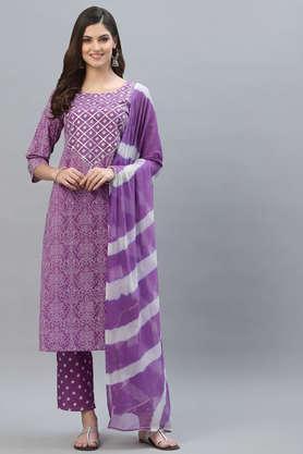 bandhni rayon round neck women's kurta pant dupatta set - purple