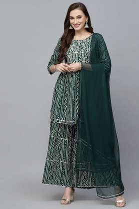 bandhni rayon round neck women's kurta sharara dupatta set - dark green
