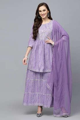 bandhni rayon round neck women's kurta sharara dupatta set - purple