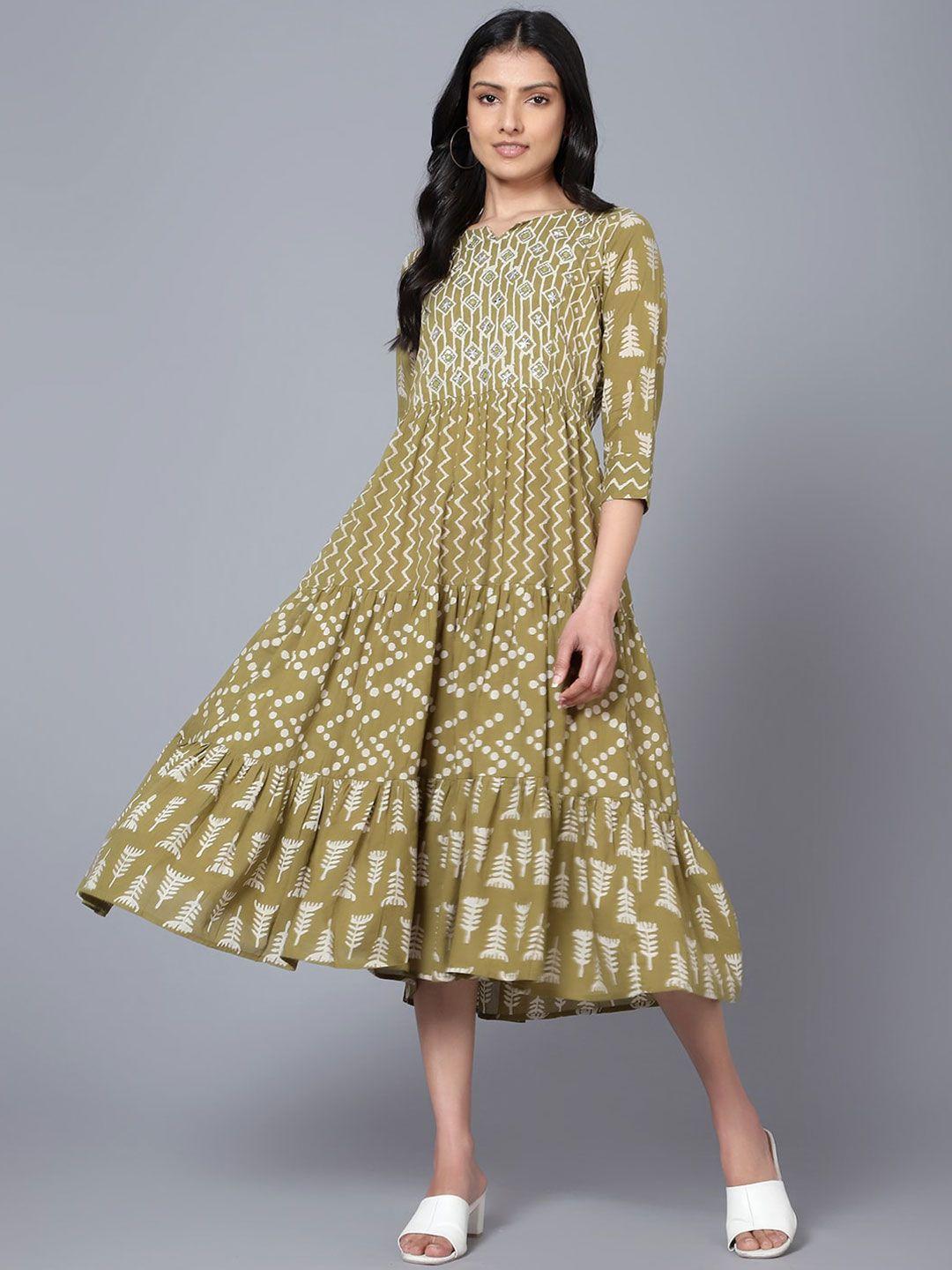 bani women ethnic motifs printed sequinned fit and flare cotton midi dress
