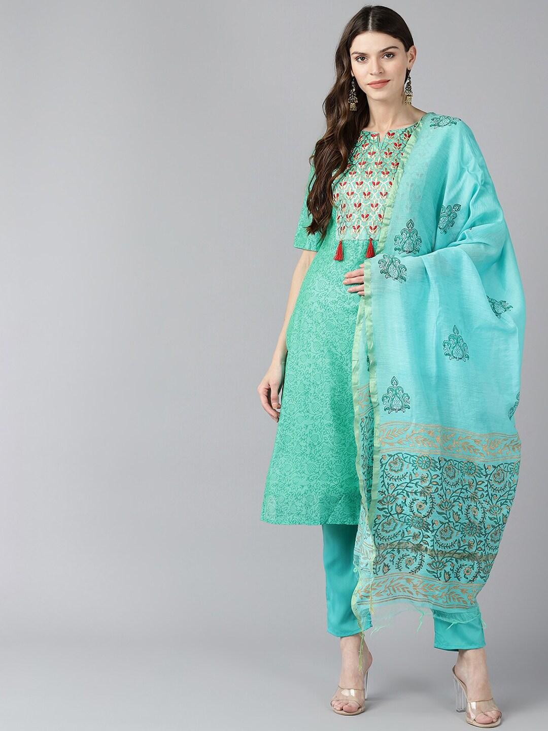 bani women green ethnic motifs embroidered chanderi cotton kurta with trousers & dupatta