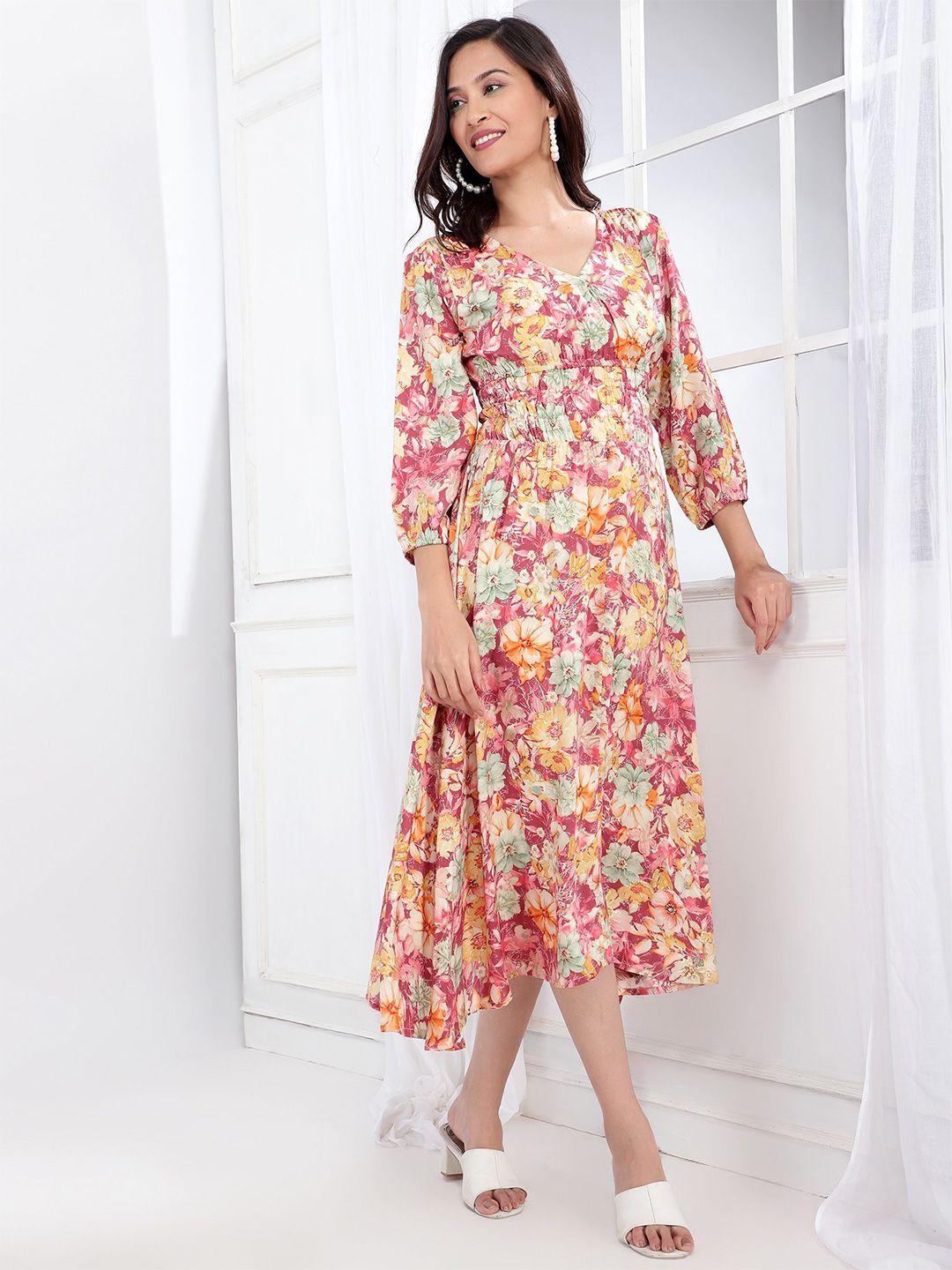 bani women maroon & chintz rose floral print liva a-line midi dress