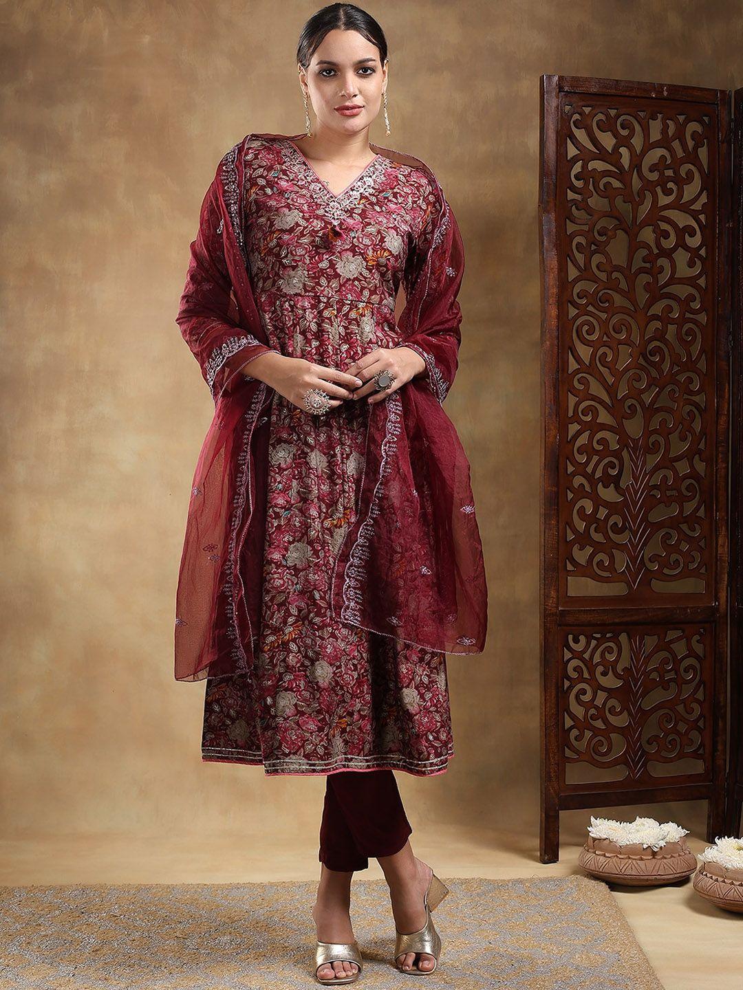 bani women women maroon ethnic motifs embroidered pleated kurta with trousers & with dupatta