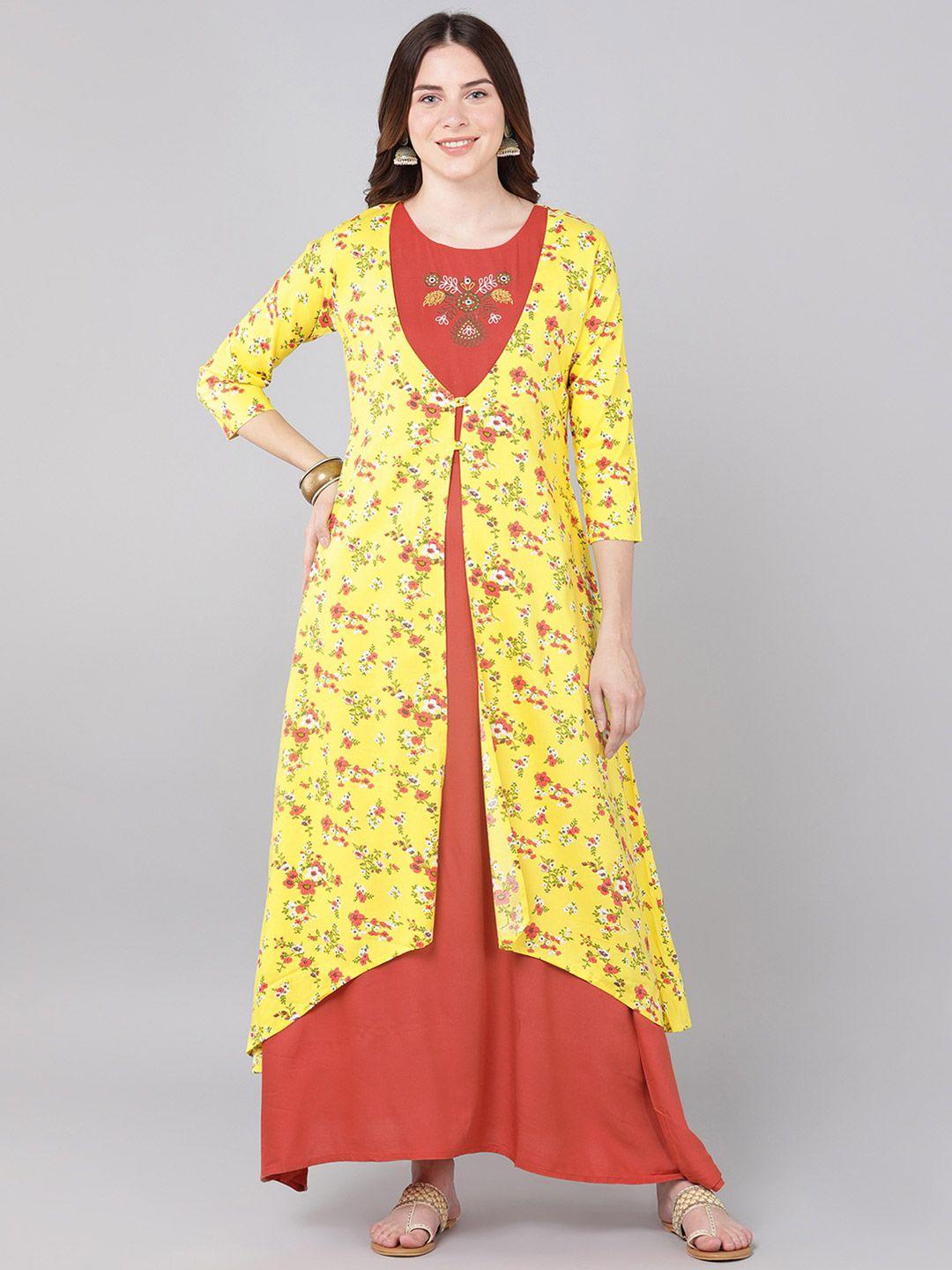 bani women yellow embroidered layered a-line maxi dress