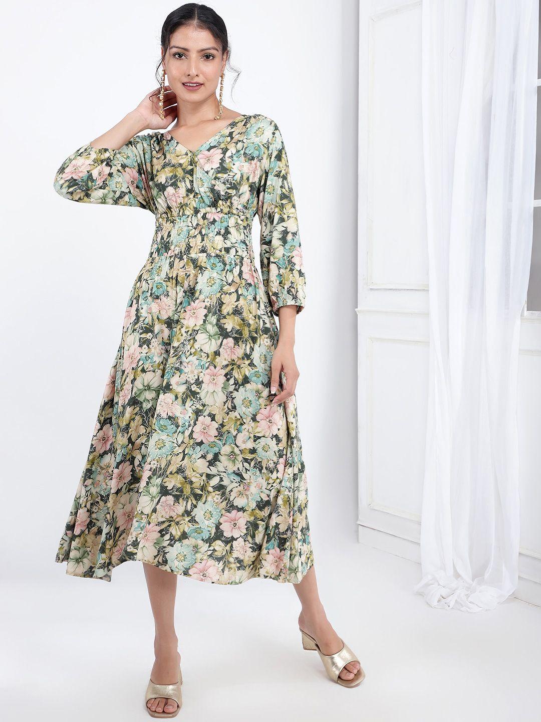 bani floral printed v-neck smocked a-line midi dress