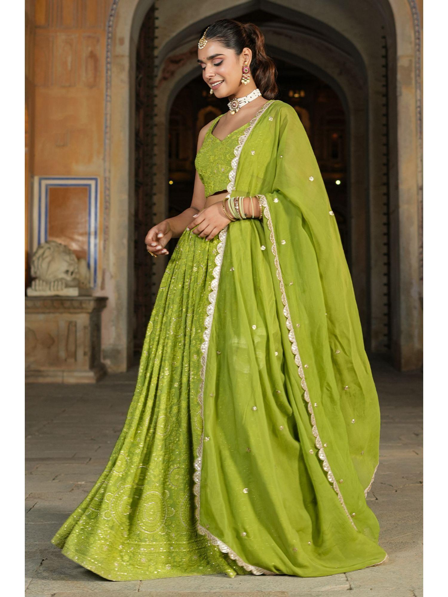 bani green lucknowi embroidered lehenga (set of 3)