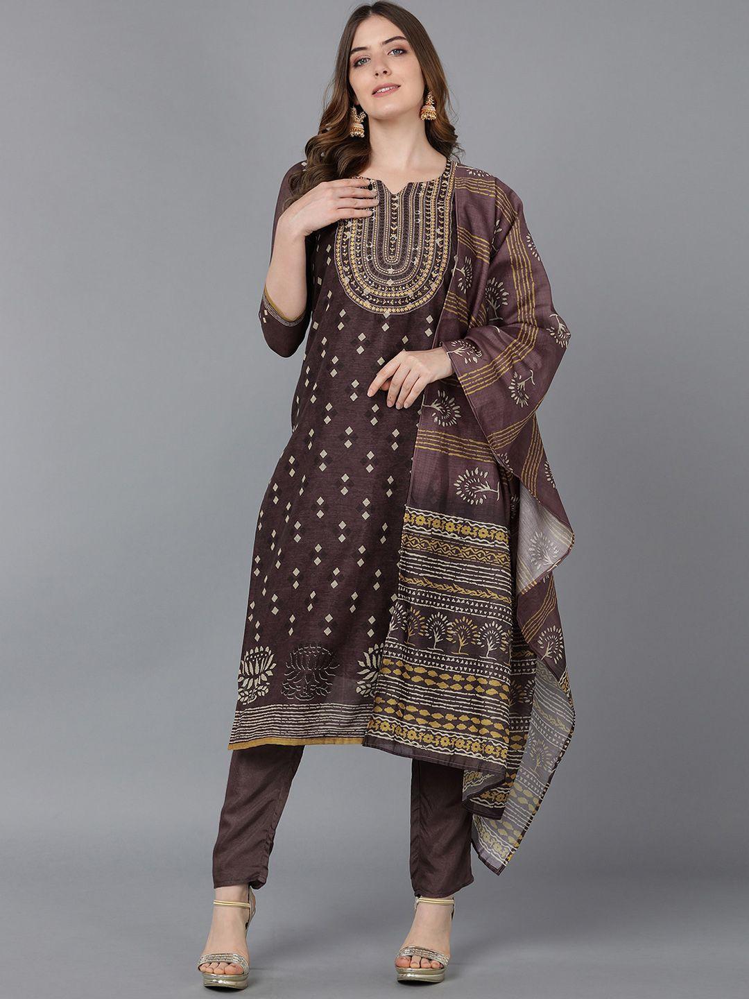 bani women brown ethnic motifs yoke design chanderi cotton kurta with trousers & with dupatta
