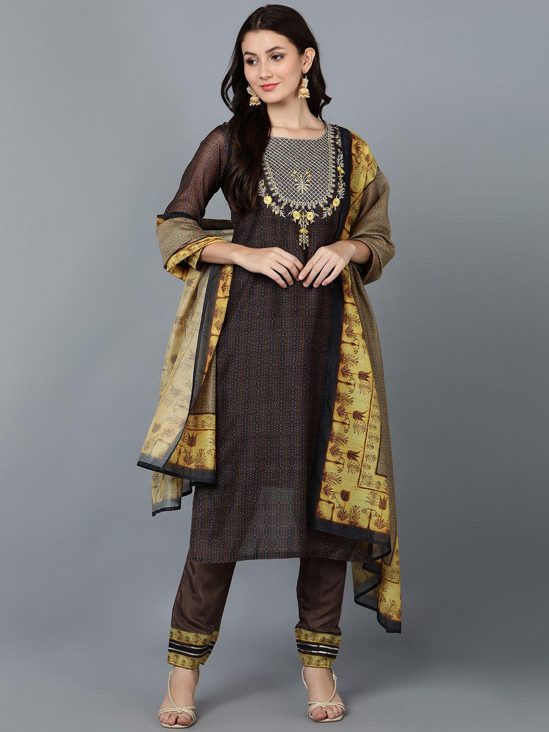 bani women brown ethnic motifs yoke design chanderi silk kurta with trousers & with dupatta