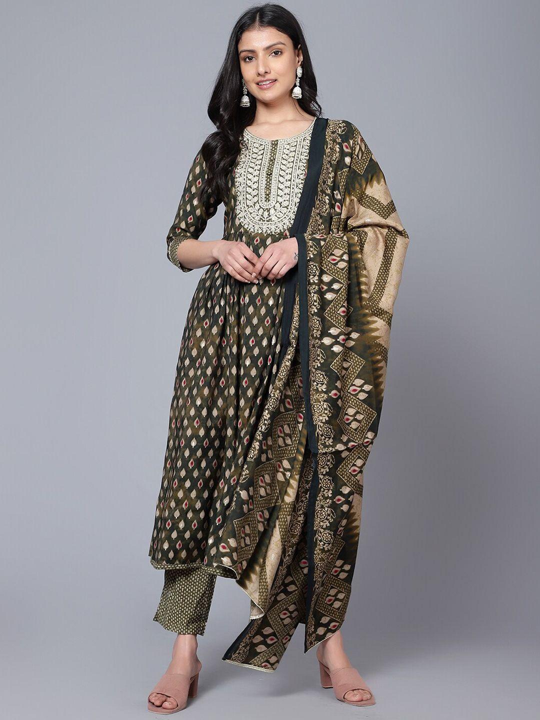 bani women ethnic motif printed thread work a-line kurta with trousers & dupatta