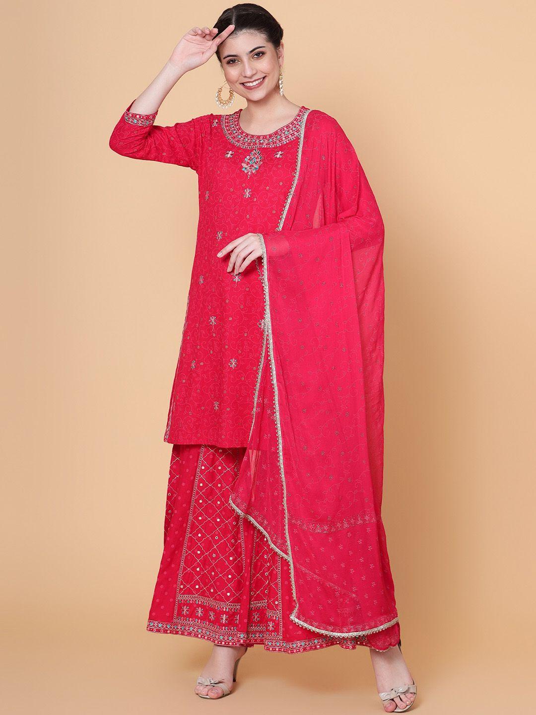 bani women ethnic motifs embroidered regular thread work liva kurta with sharara & dupatta