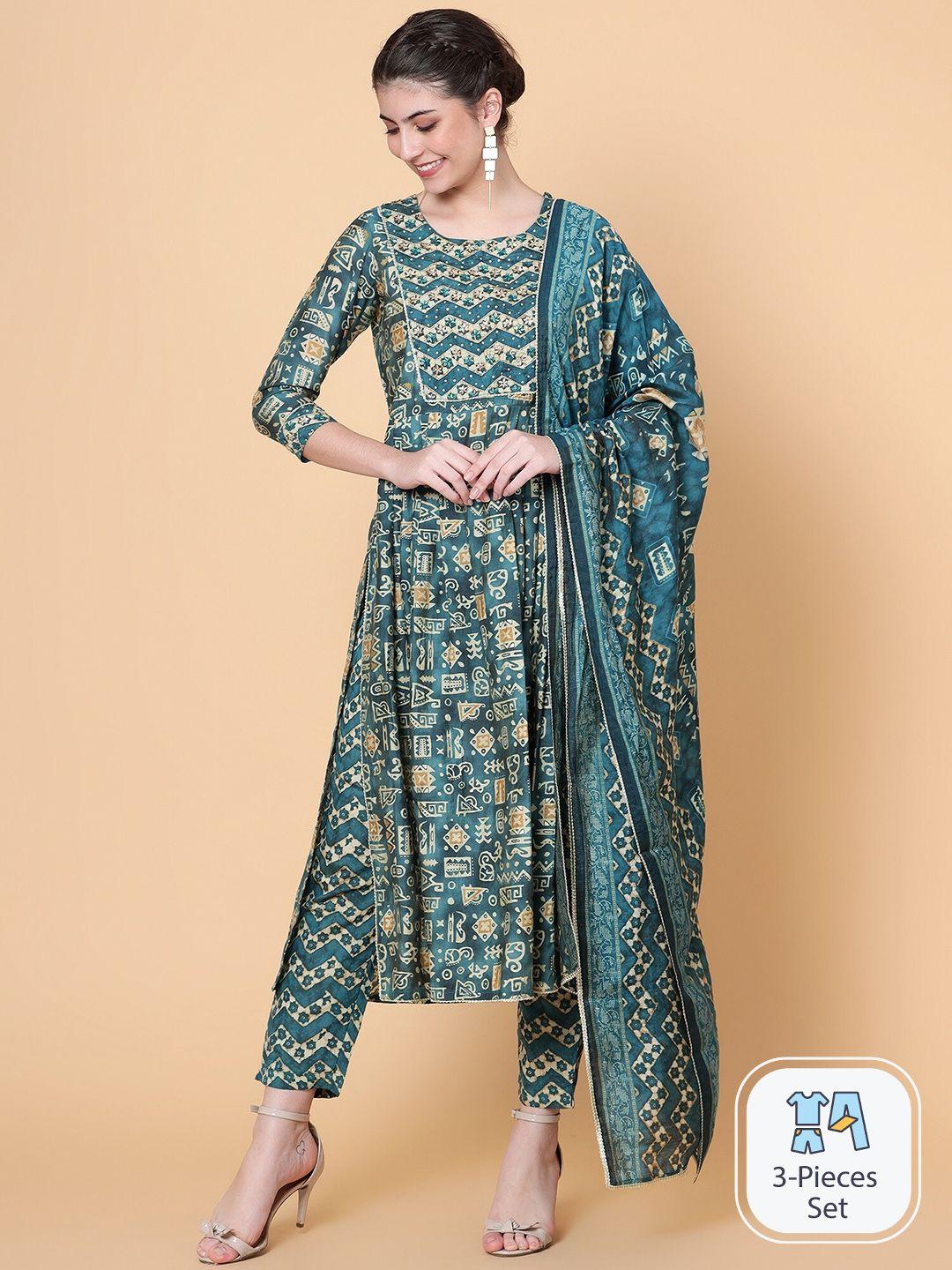 bani women ethnic motifs printed pleated thread work chanderi silk kurta set with dupatta