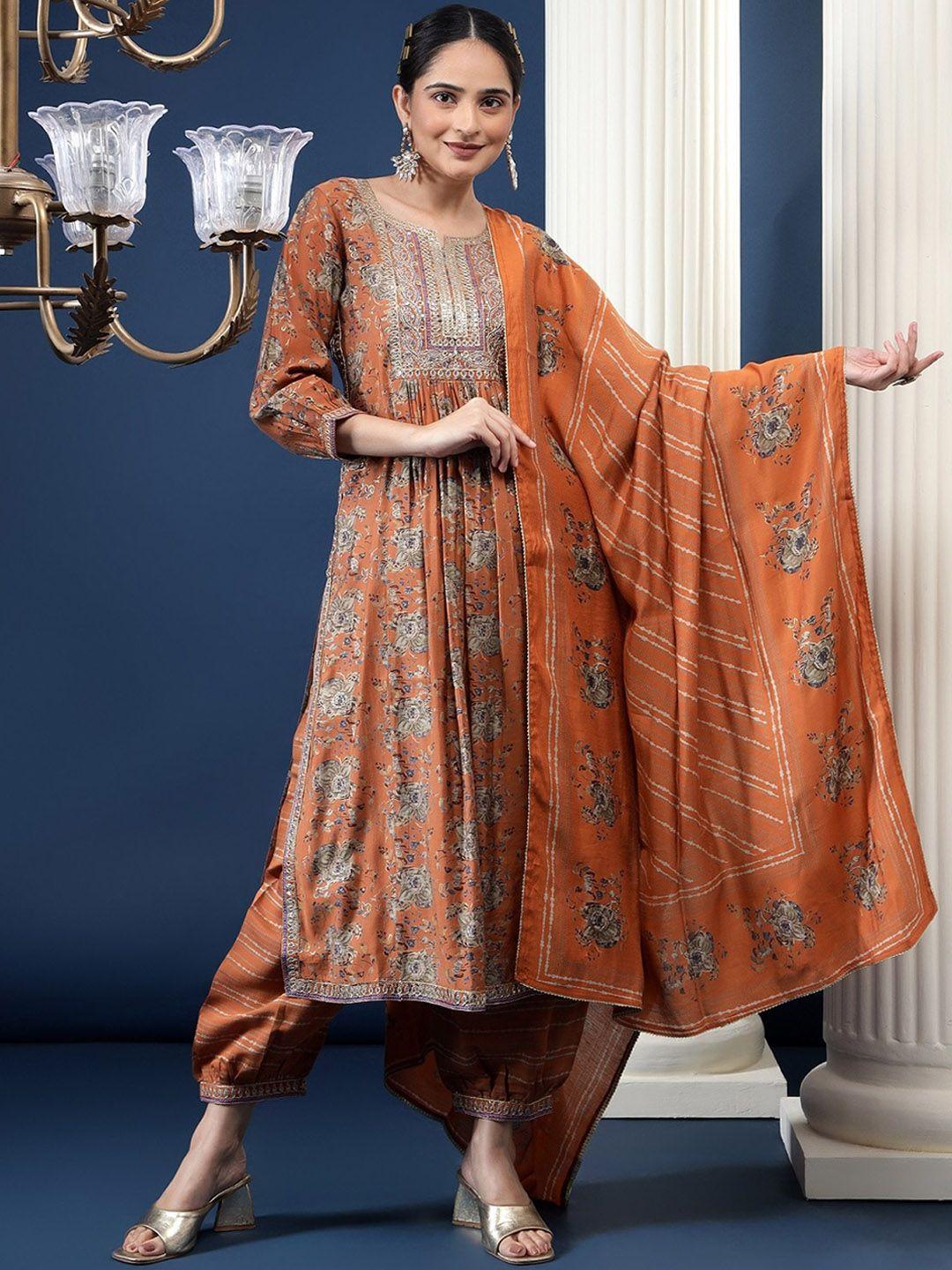 bani women ethnic motifs printed sequinned chanderi silk kurta with salwar & dupatta