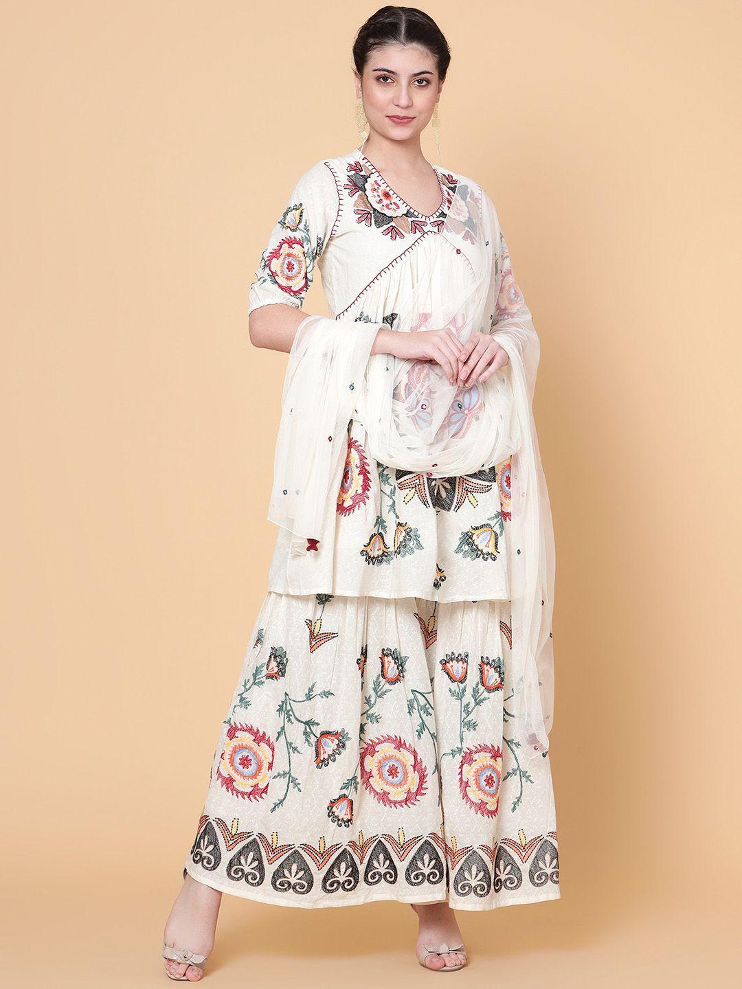 bani women floral embroidered empire thread work pure cotton kurta with sharara & dupatta