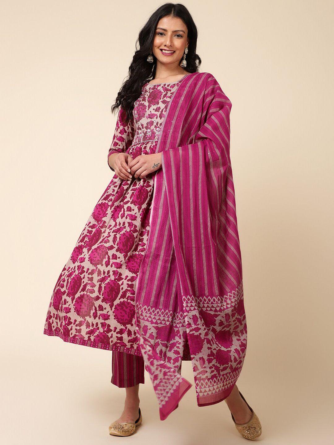bani women floral printed block print a-line pure cotton kurta with trousers & dupatta