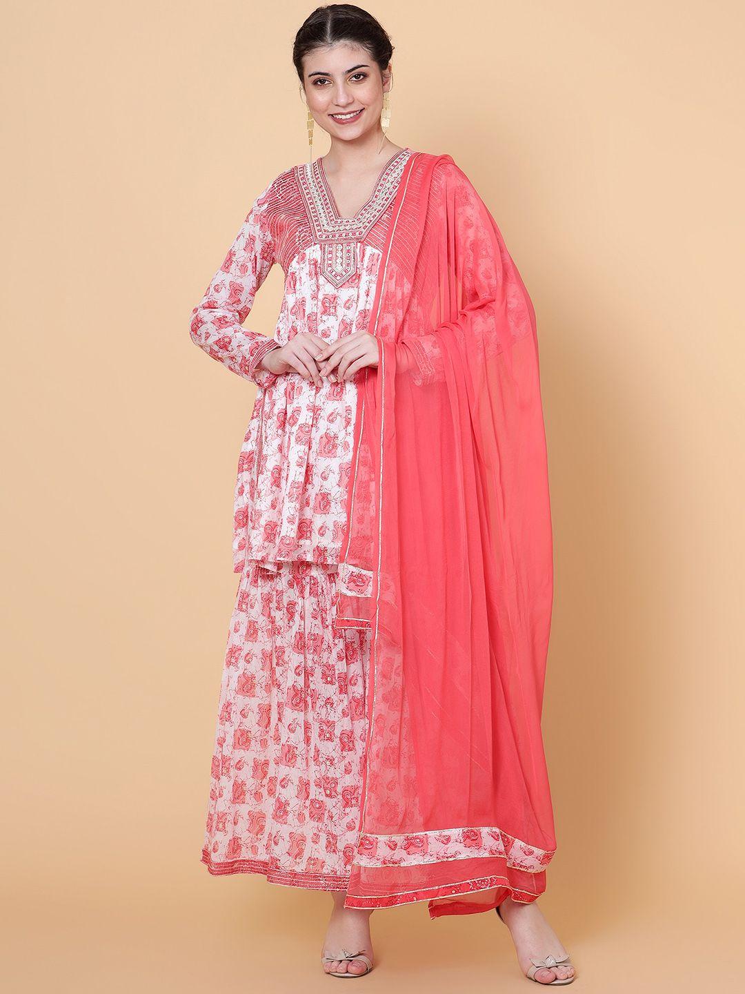 bani women floral printed empire sequinned pure cotton kurta with sharara & dupatta