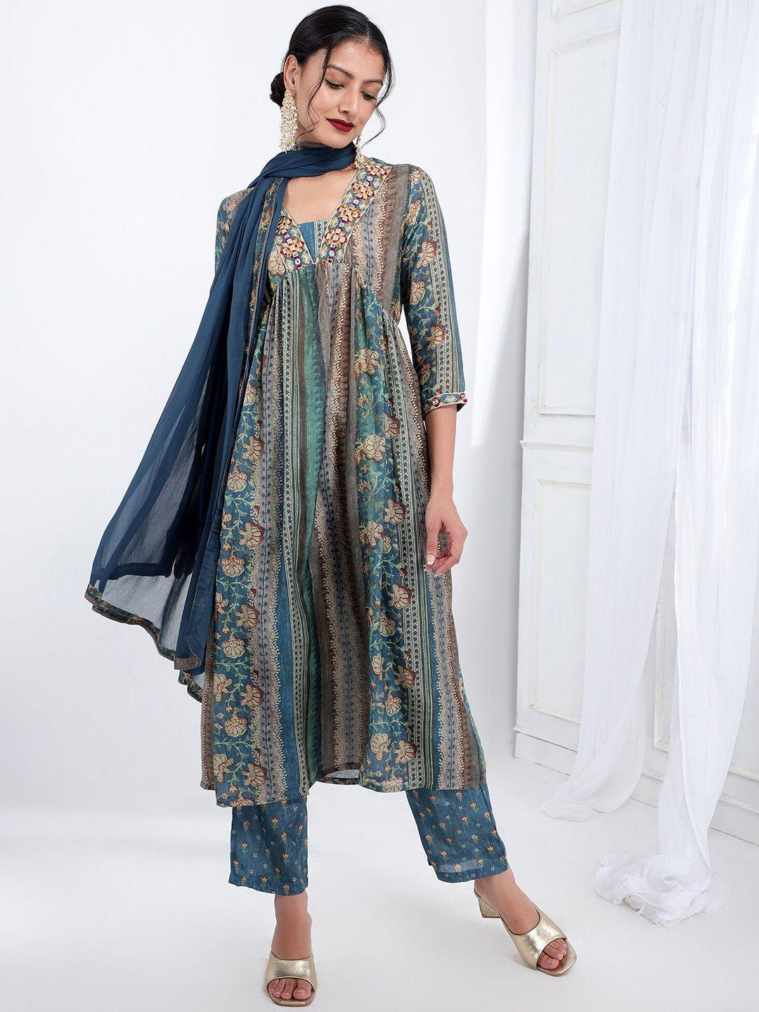 bani women floral printed empire thread work kurta with trousers & dupatta