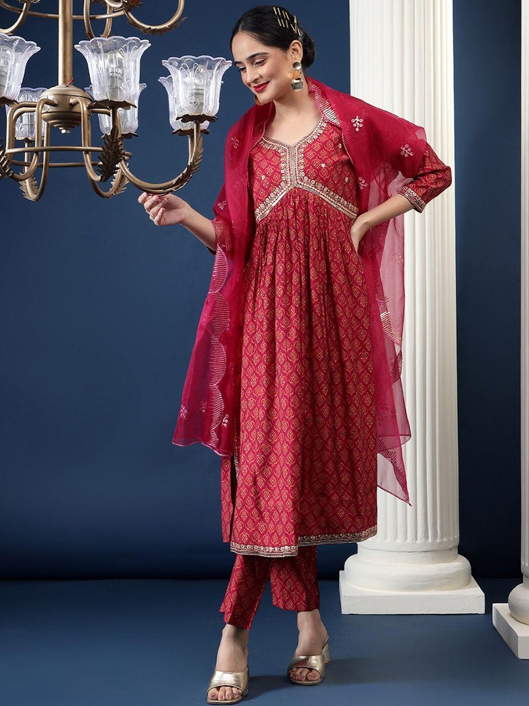 bani women floral printed sequined chanderi silk empire kurta with trousers & dupatta