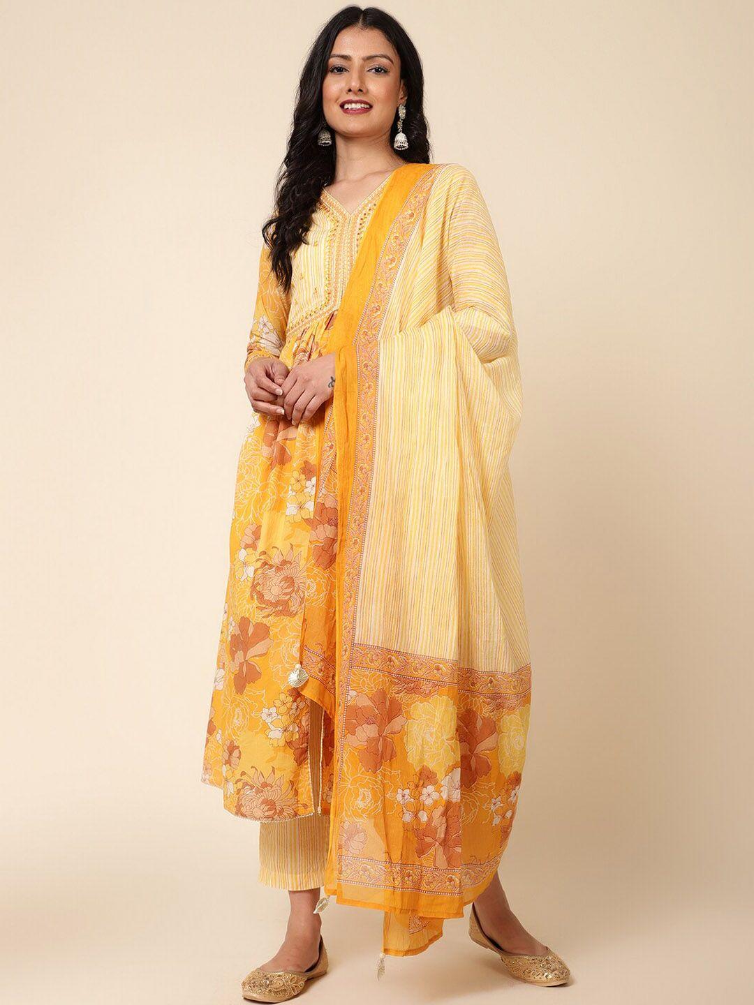 bani women floral printed thread work  pure cotton kurta with trousers & dupatta