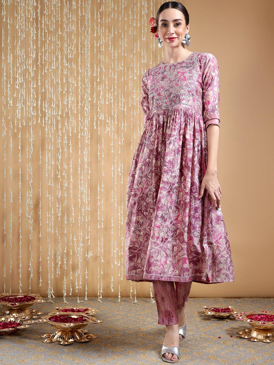 bani women floral printed thread work a-line kurta & trousers with dupatta