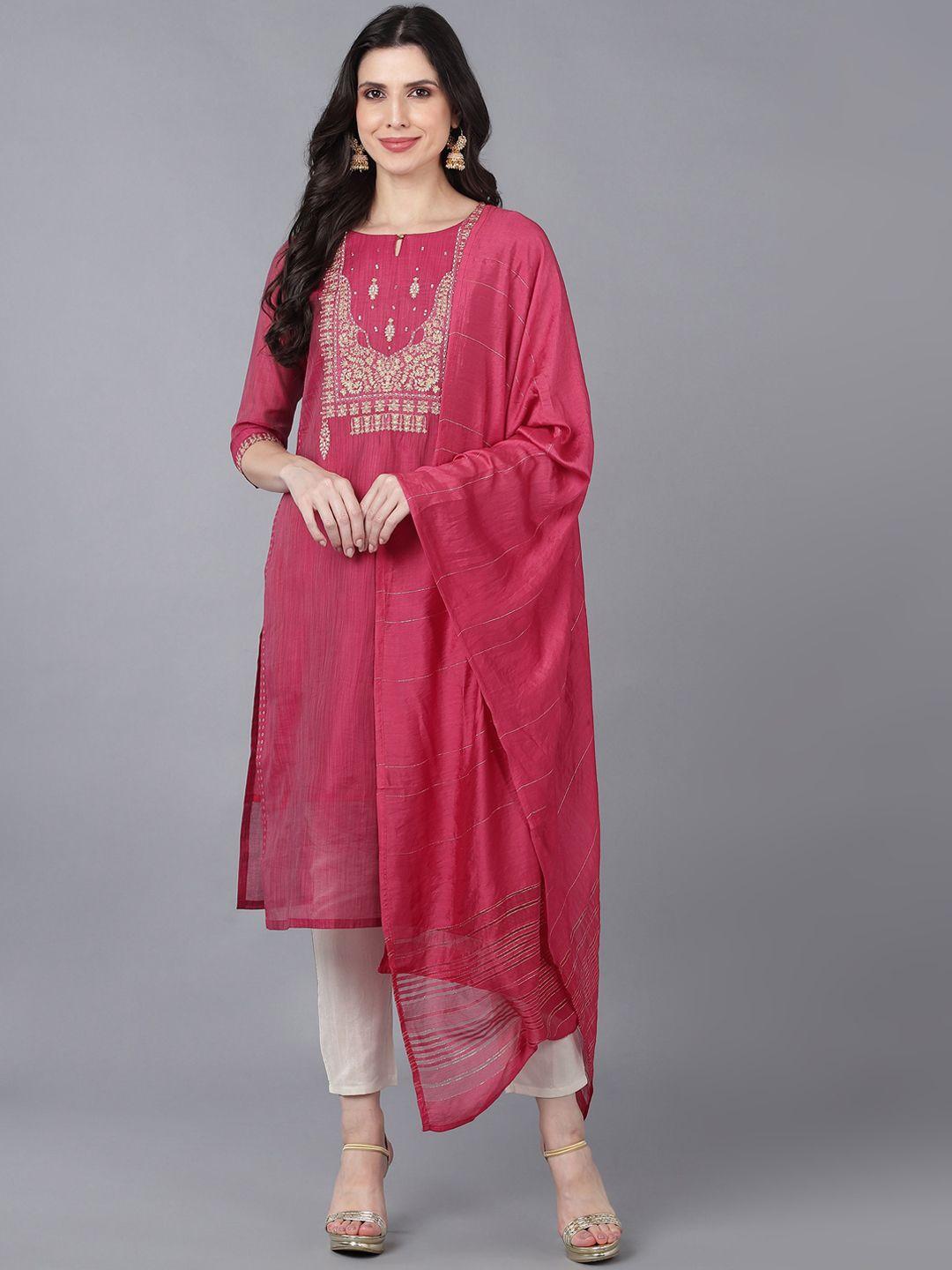 bani women fuchsia ethnic motifs embroidered chanderi cotton kurta with trousers & with dupatta