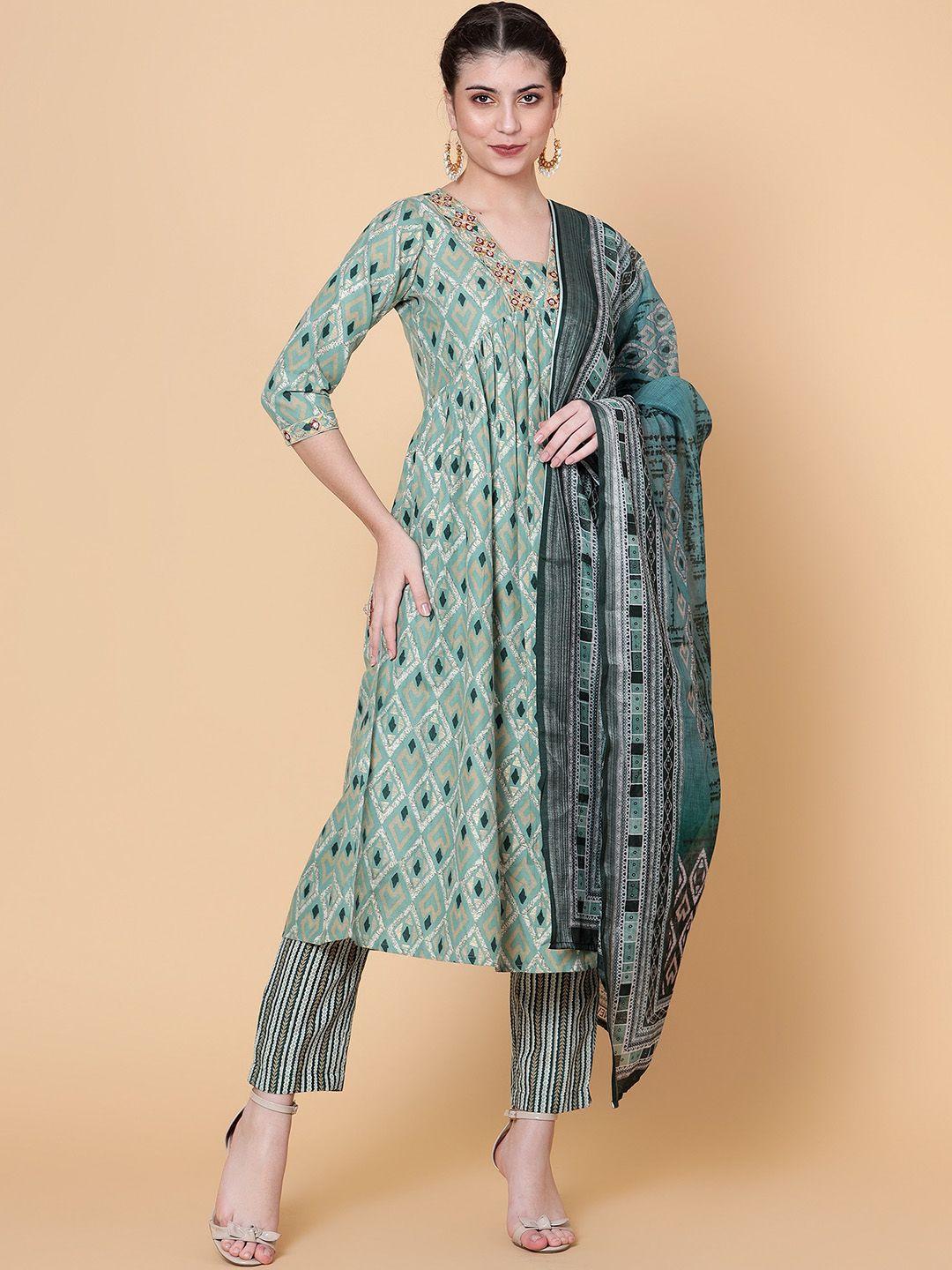 bani women geometric printed regular thread work kurta with trousers & dupatta