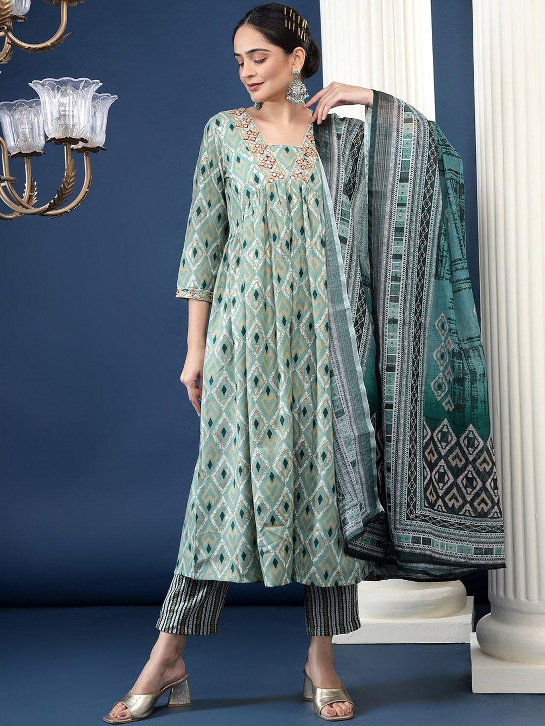 bani women geometric printed thread work empire a-line kurta with trouser & dupatta