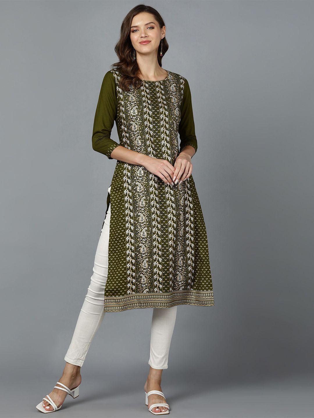 bani women green & white ethnic motifs printed kurta