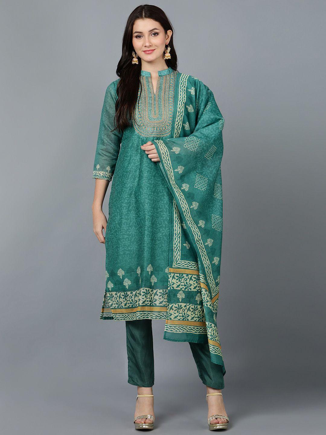 bani women green ethnic motifs printed chanderi silk kurta with trousers & with dupatta