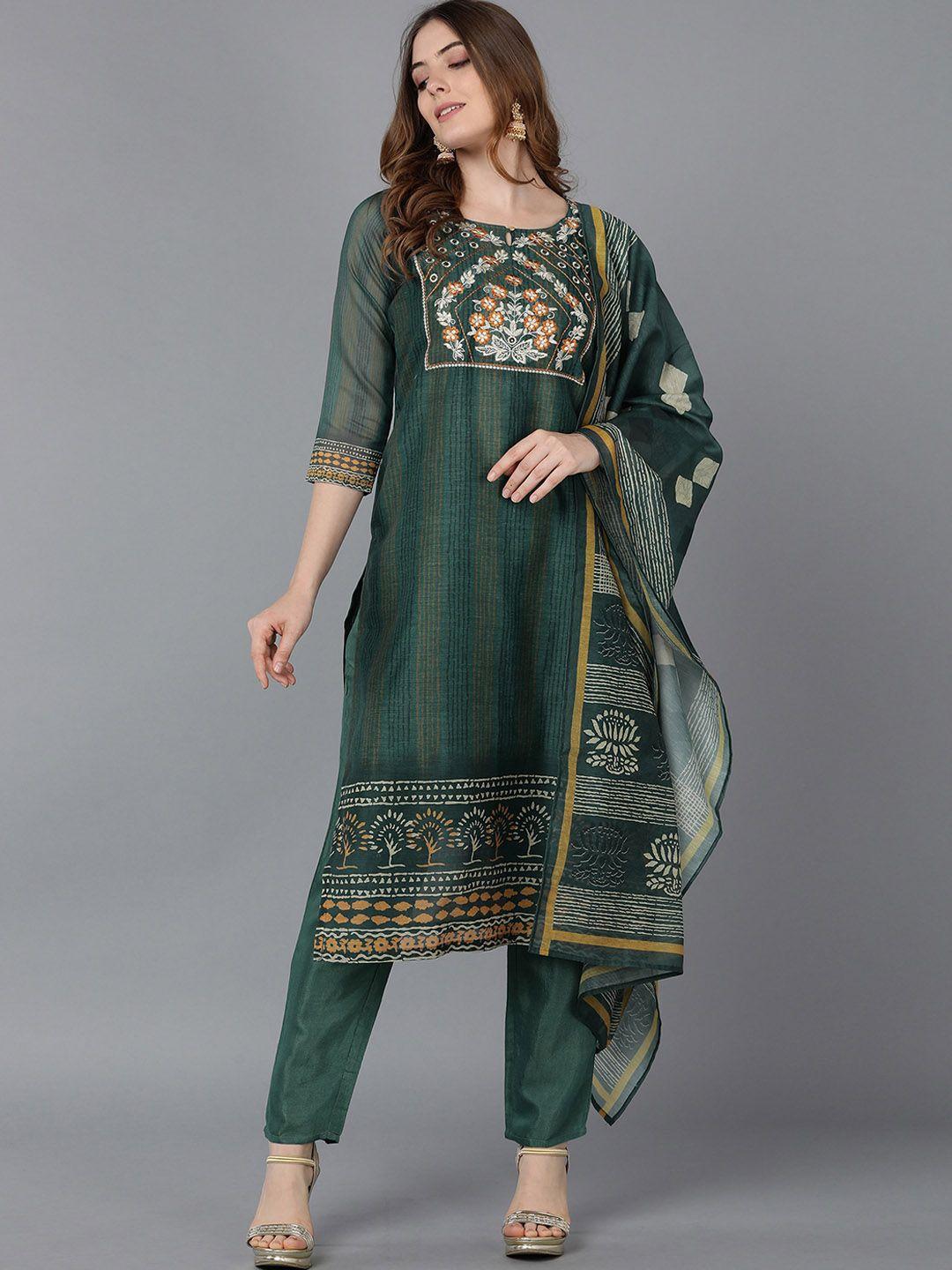 bani women green ethnic motifs yoke design chanderi cotton kurta with trousers & with dupatta