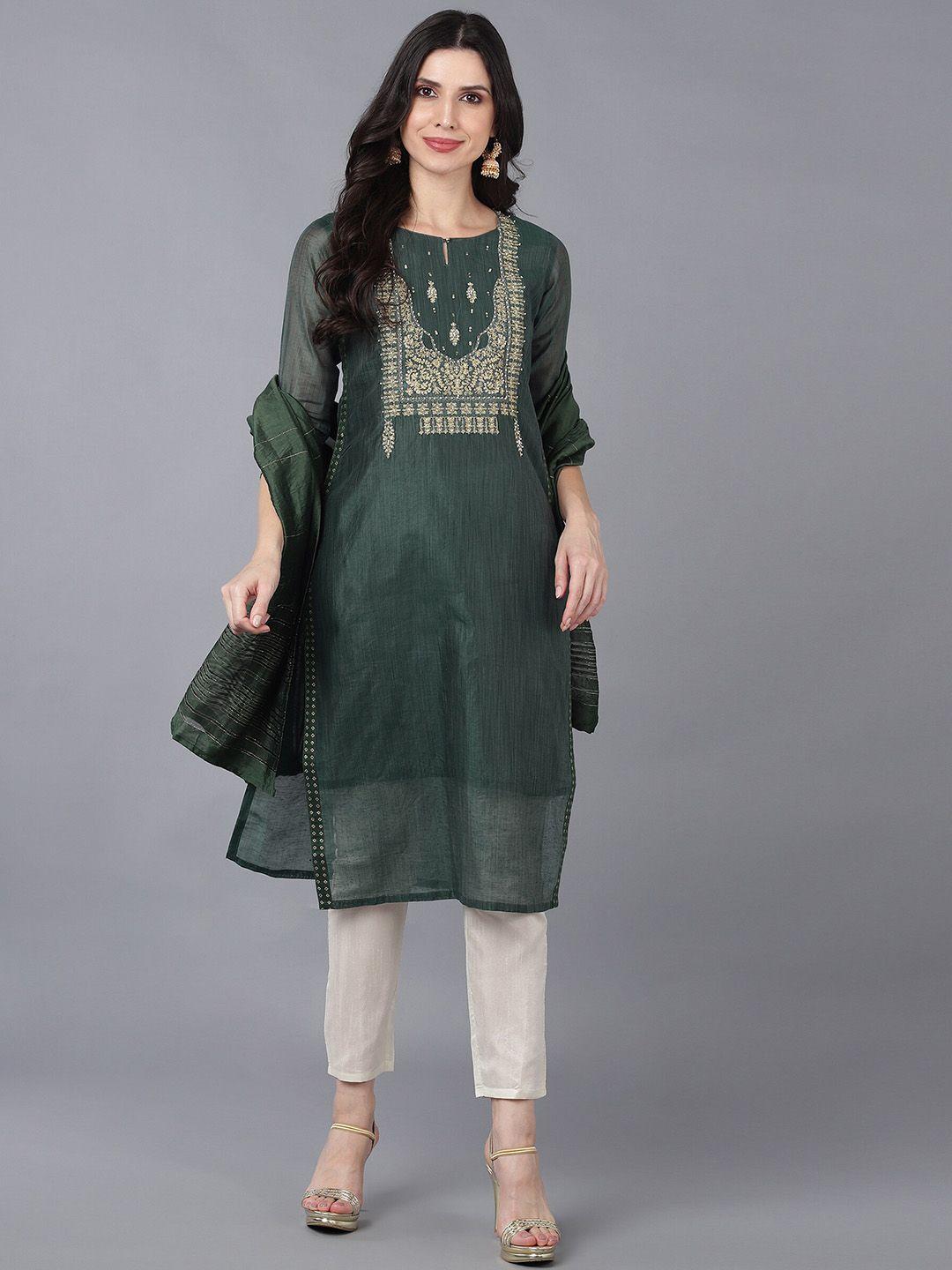 bani women green ethnic motifs yoke design sequinned chanderi cotton kurta with trousers & with dupatta