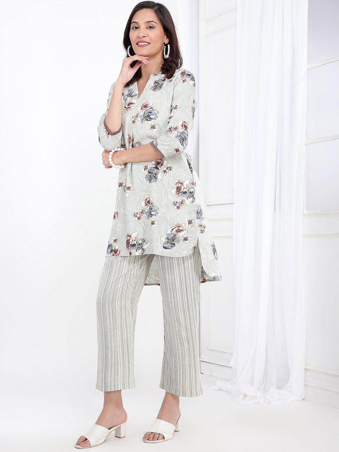 bani women grey floral printed tunic with trouser co-ords set