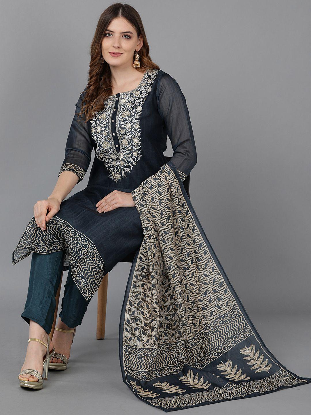 bani women navy blue ethnic motifs yoke design chanderi cotton kurta with trousers & with dupatta