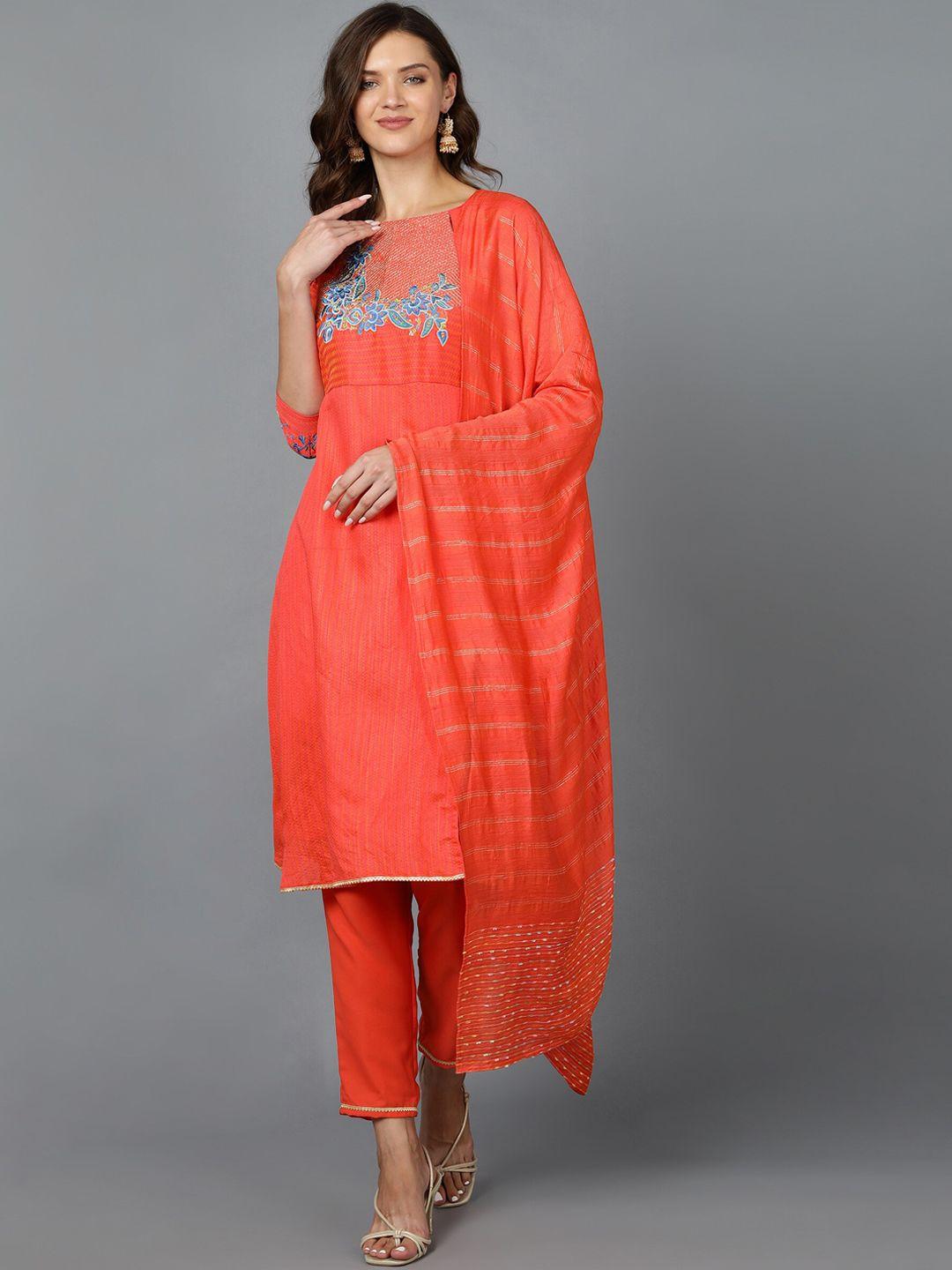 bani women orange floral embroidered chanderi silk kurta with trousers & with dupatta