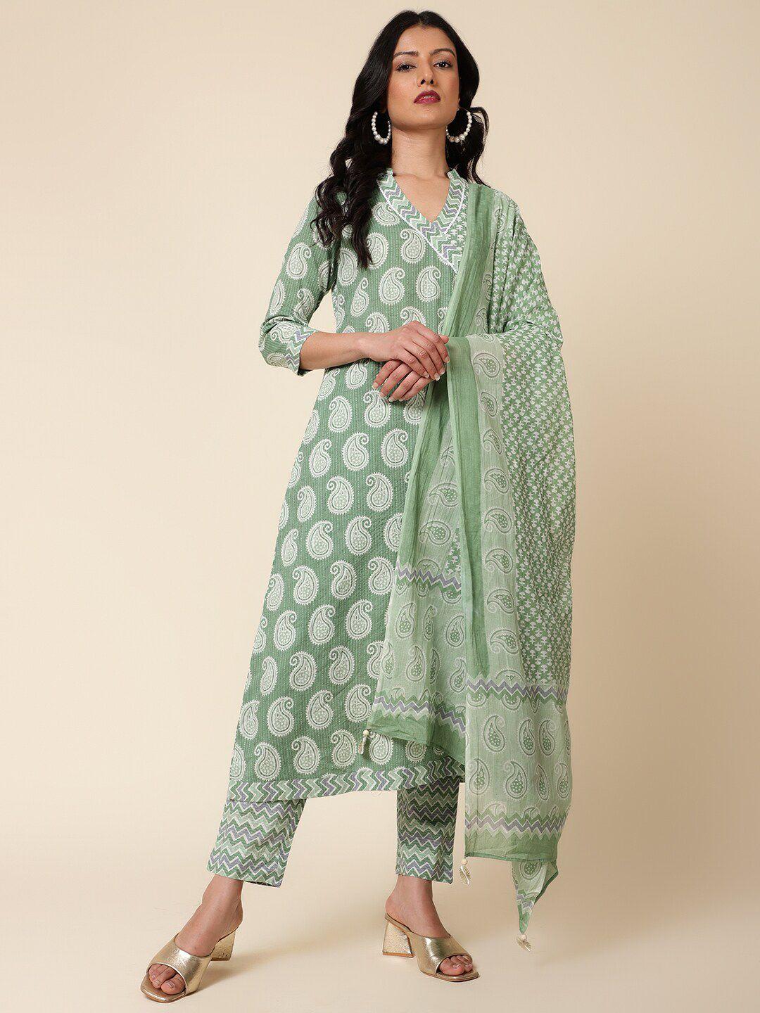 bani women paisley printed pure cotton kurta with trousers & dupatta